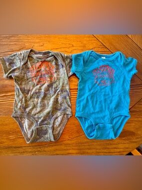 Frog house surf shop One-Piece Bodysuits in Gray Camo and Teal with Red Logo